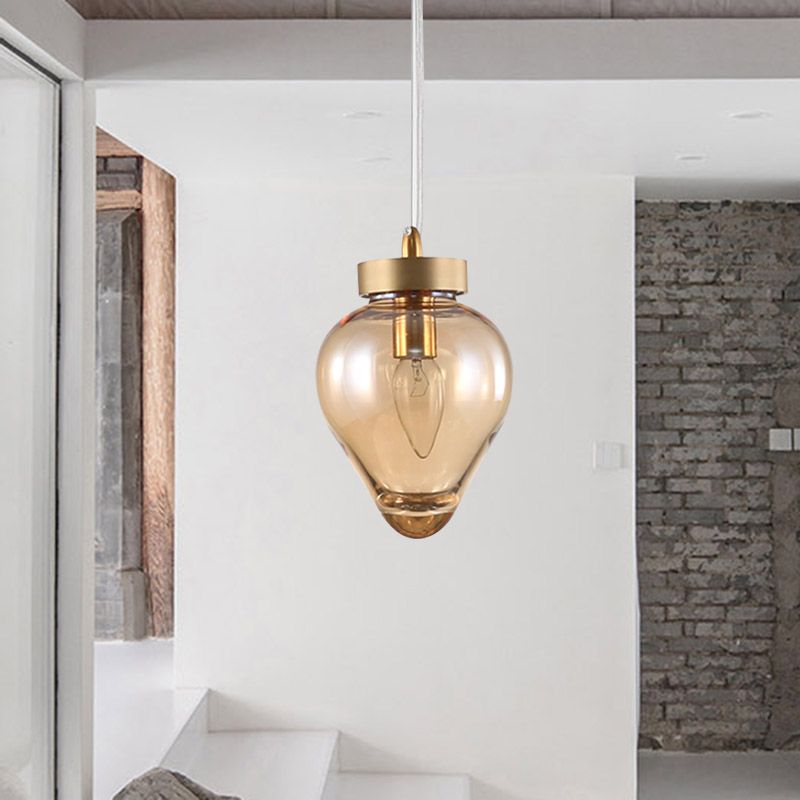 Gold Urn Pendant Lamp Modernist 1 Head Amber Glass Suspension Light for Dining Room
