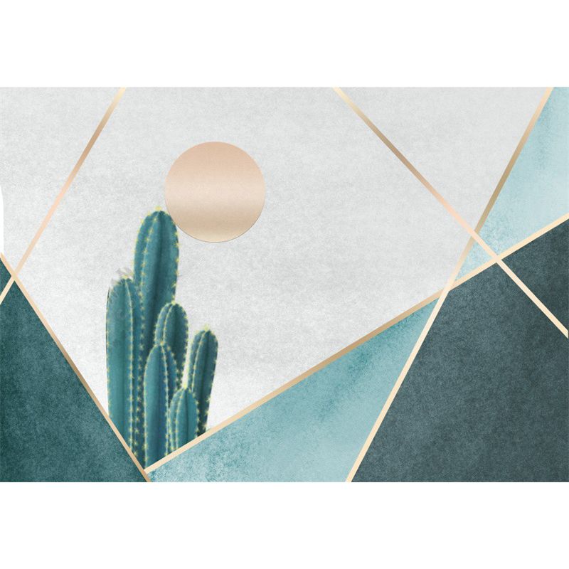 Green Bedroom Rug Modernist Geometric and Cactus Pattern Rug Polyester Anti-Slip Backing Washable Area Rug