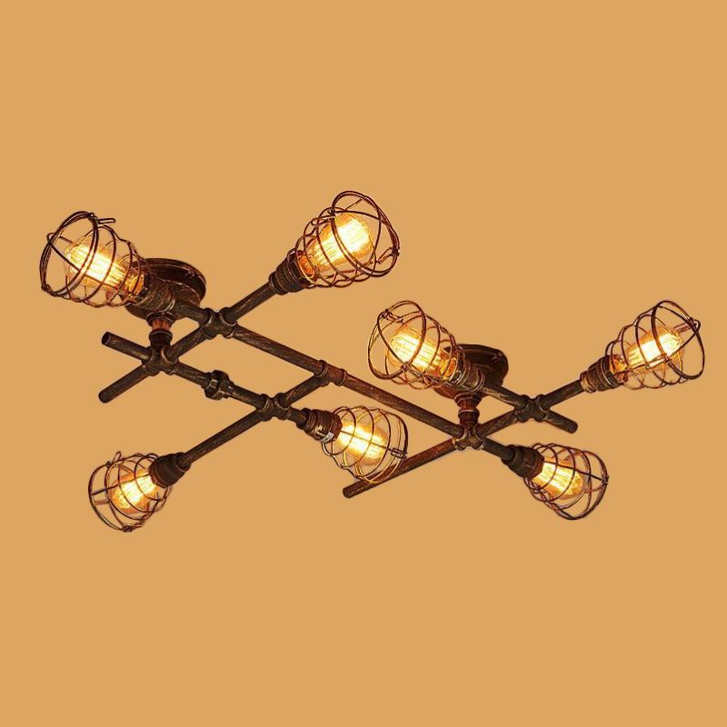 Industrial Intersecting Piping Ceiling Light 4/5/8 Heads Iron Semi Flush Mounted Light with Cage Guard in Brass