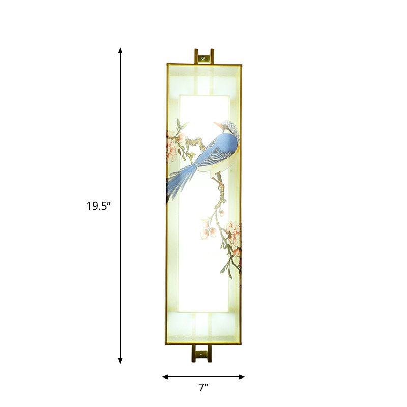 Rectangle doré oiseau et branche murale lampe chinoise LED Tissu mural d'éclairage mural