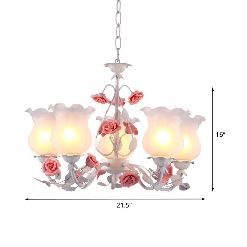 Flower White Glass Chandelier Light Pastoral 5 Bulbs Dining Room Pendant Lighting Fixture in Pink