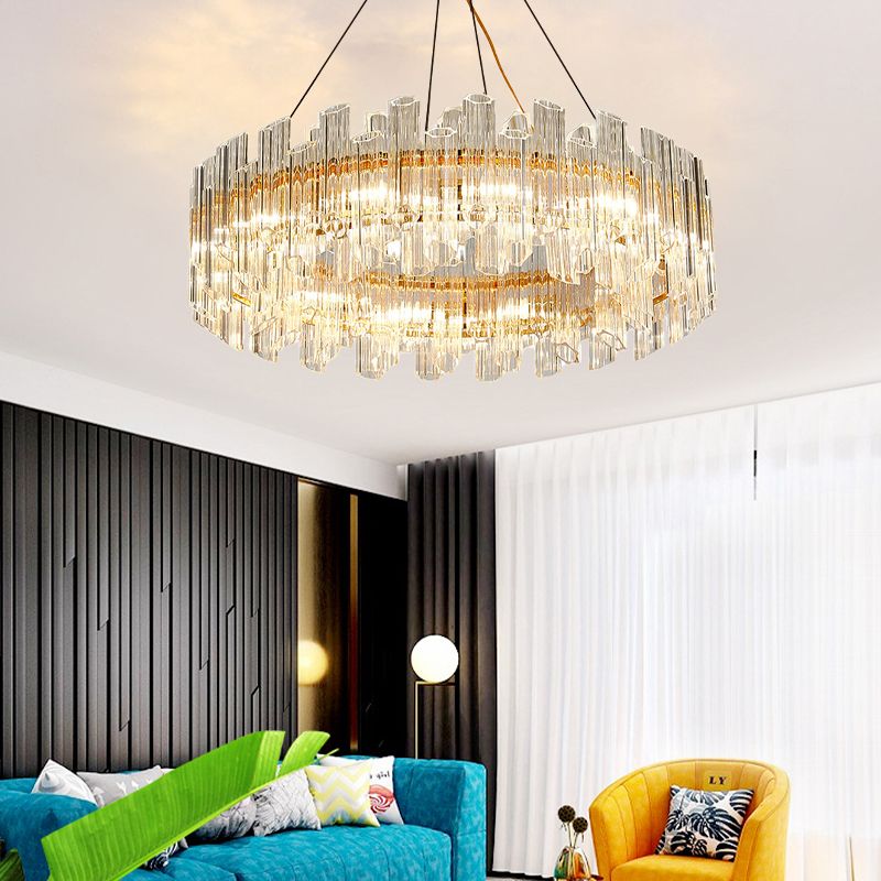 Clear Crystal Drum Hanging Chandelier Modern 8/12 Lights Gold LED Ceiling Lamp for Living Room