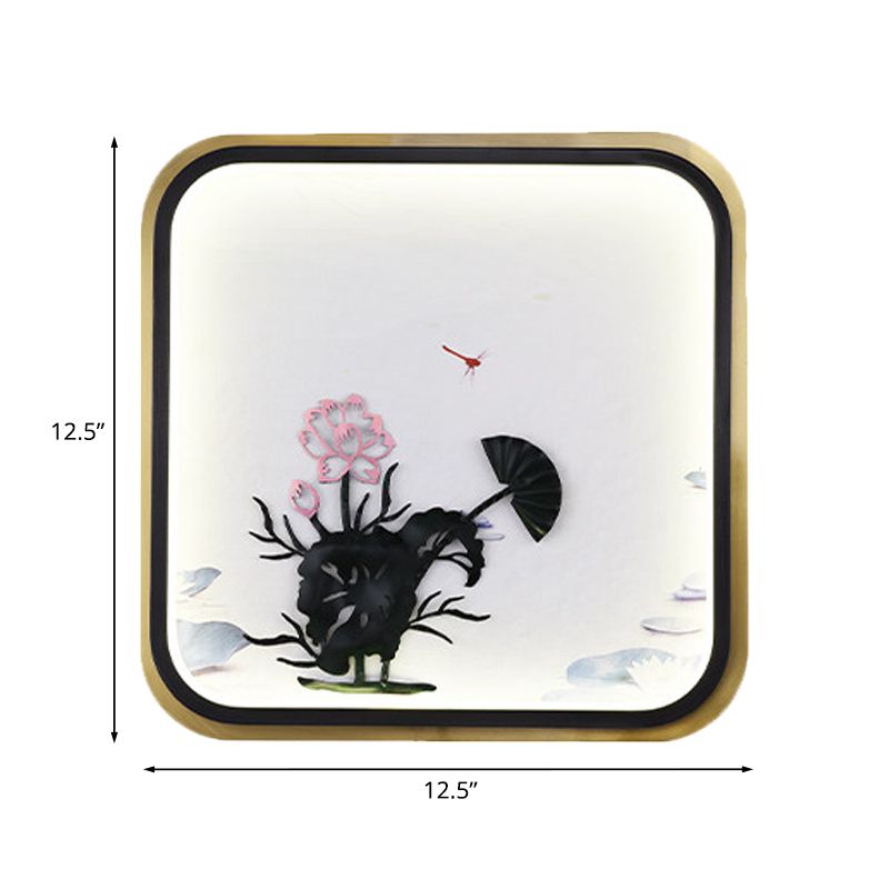 Chinese Square/Rectangle Metallic Mural Light LED Lotus Wall Mounted Lighting in Black and Gold