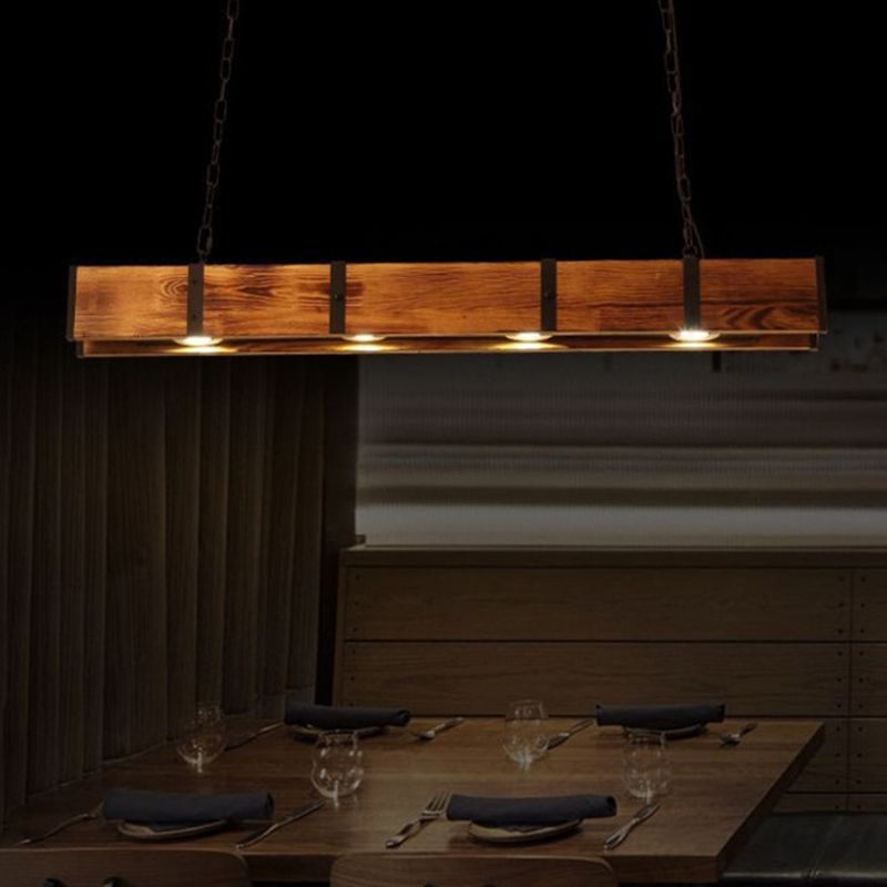 Log Color Rectangular Island Pendant Light in Industrial Vintage Style Wooden Ceiling Light for Commercial Place
