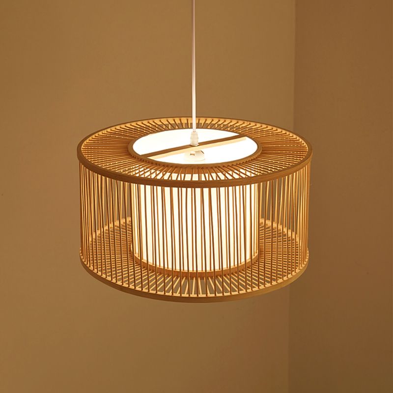Rounded Drum Ceiling Light Modern Bamboo Single Restaurant Hanging Pendant Light in Wood