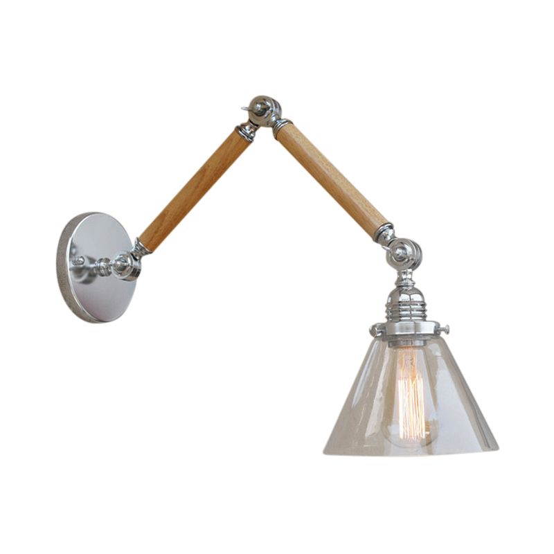 Cone Bedside Sconce Light Fixture Vintage Style Clear Glass 1 Light Chrome Wall Lamp, 8"+8"/6"+6"/8"+4" Wooden Arm