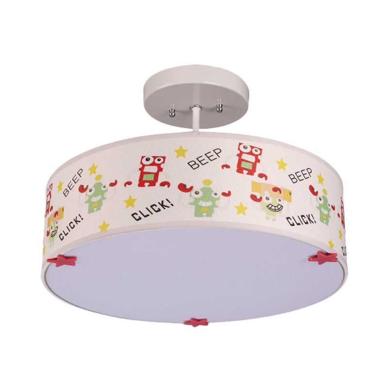 Drum Semi Mount Lighting Cartoon Fabric 3 Bulbs Flush Ceiling Light with Animal Pattern in White