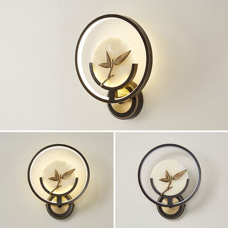 New Chinese Style Jade Wall Light Circle Shape Wall Lamp with Acrylic Shade for Bedroom