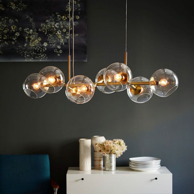 Lumières de l'île sphérique de style contemporain Verre transparent 8-Light Island Pendants Lights