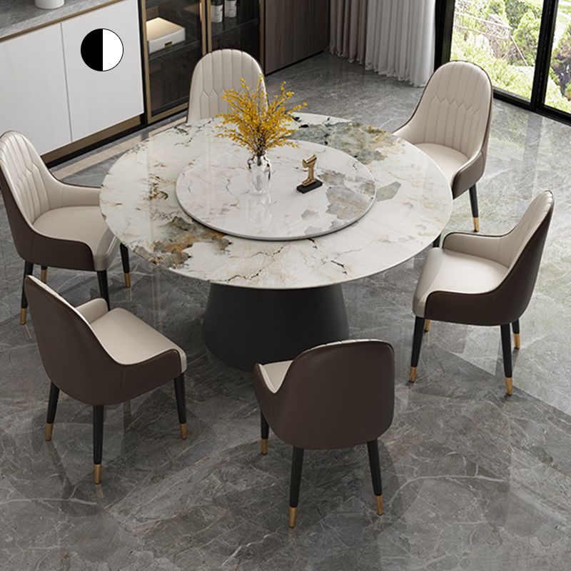 White Round Stone Dining Table Modern Convertible Furniture with Pedestal Base for Home