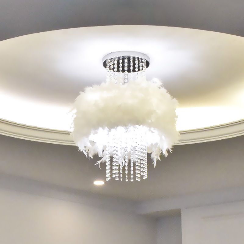 Feather Fluffy Drum Semi Flush Chandelier Modern Style 4 Bulbs Bedroom Ceiling Lamp with Crystal Chain in Chrome
