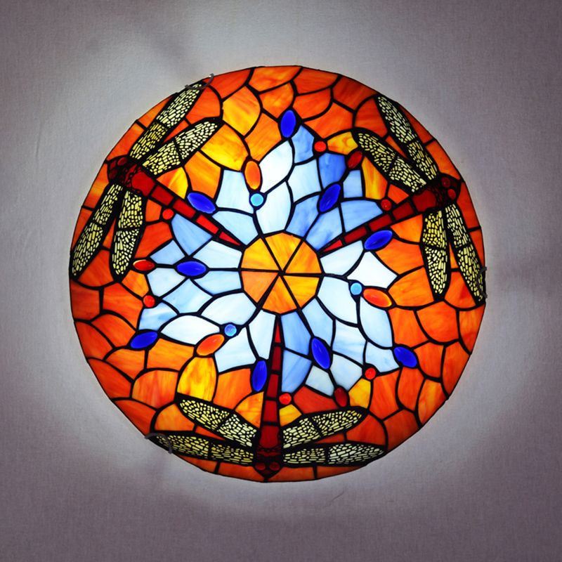 Multicolored Bowl-Shaped Flush Ceiling Light Fixture Tiffany-Style Flush Mount Ceiling Lamp