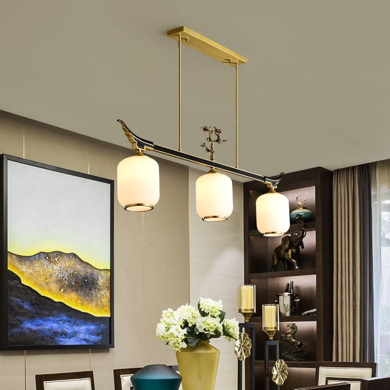 Modern Style Cylindrical Shape Island Lights White Glass 3-light Pendant Lights in Gold