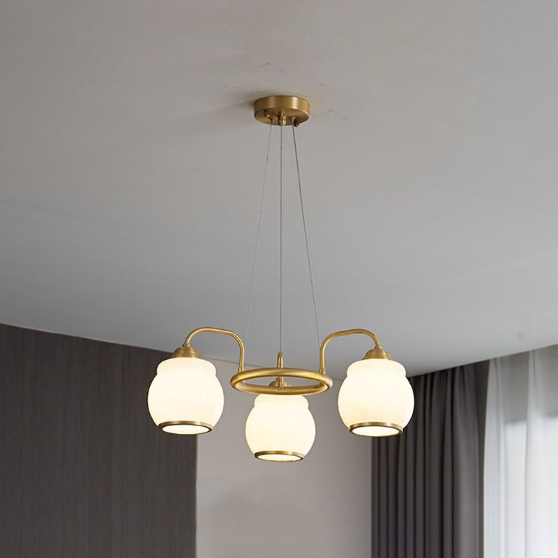 Modern Luxury Indoor Pendant Light Copper Geometric Chandelier with White Glass Shade