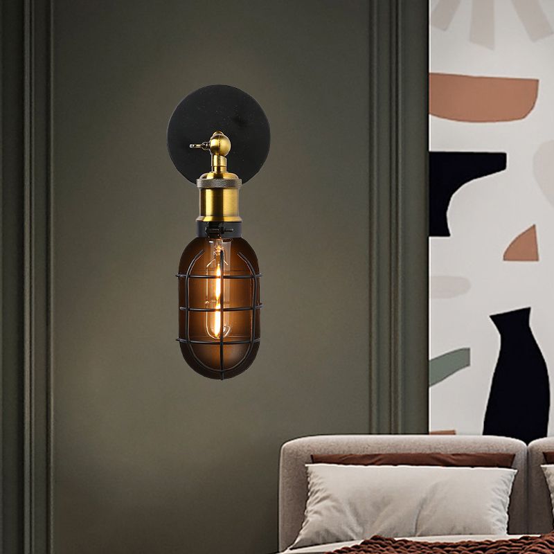 Capsule Cage Restaurant Wall Light Sconce Factory Metal 1 Head Black and Brass Wall Lamp