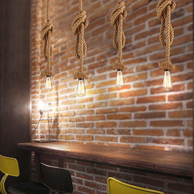 Minimalist Style Exposed Hanging Lamp 1 Light Natural Rope Adjustable Ceiling Light Fixture in Beige