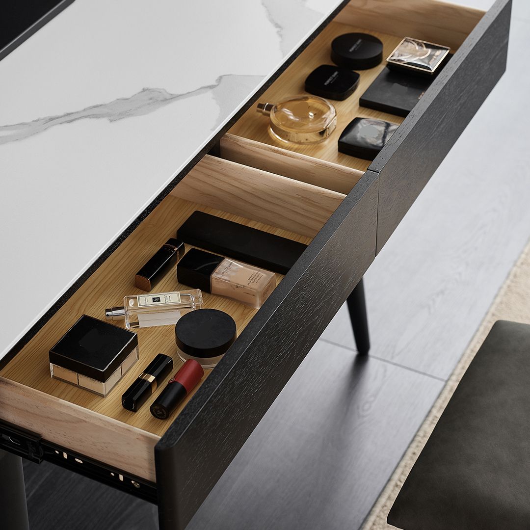 Contemporary Stone Vanity, 2 Storage Drawers With Stool, Black/White