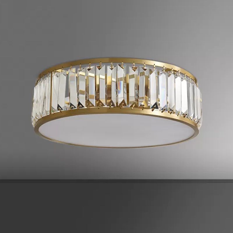 Crystal Drum Flush Mount Lamp Simplicity 3/4/5 Bulbs Bedroom Ceiling Light in Gold, 12.5"/16.5"/23.5" Wide
