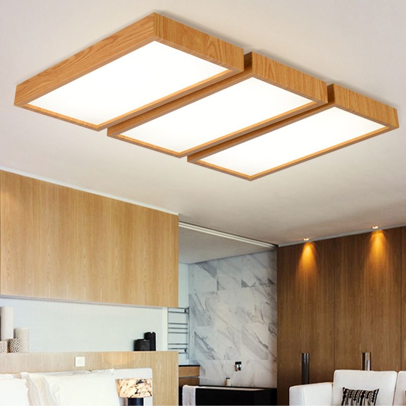 Lámpara de techo empotrada LED de estilo nórdico, accesorio de techo con borde de madera y sombra rectangular para oficina