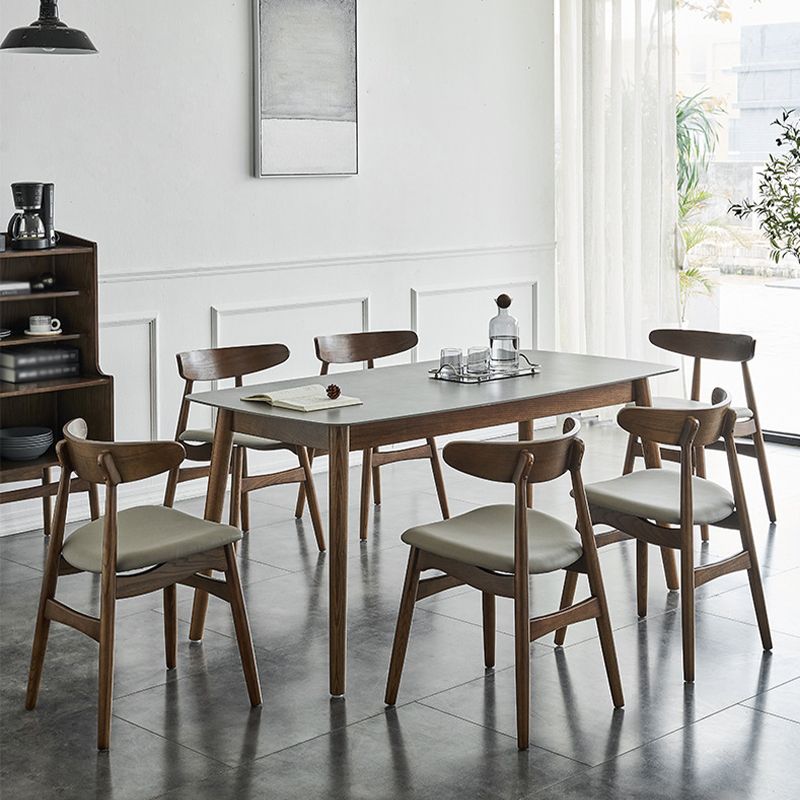 Gray Stone Top Dining Table Mid-Century Modern Table with 4 Wood Legs