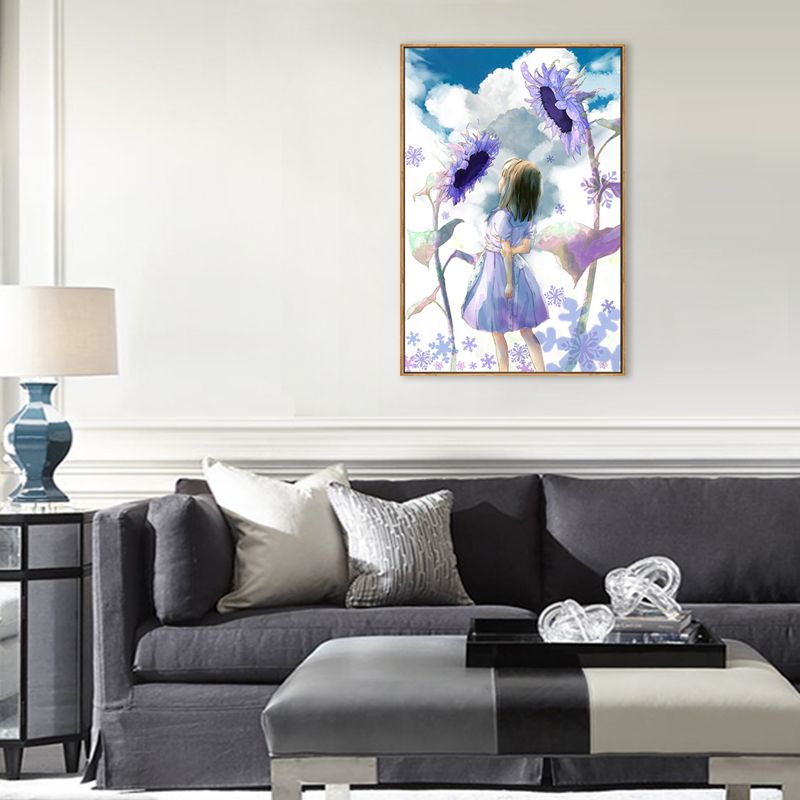 Girl and Sunflowers Painting in Purple Children's Art Wall Decor for Dining Room