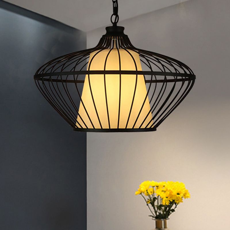1 Light Basket Ceiling Suspension Lamp Classic Black Metallic Pendant Lighting Fixture