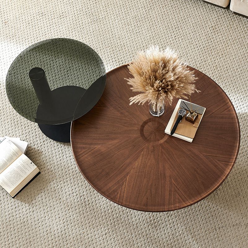 Modern Style Coffee Table with Square Block Base Design Round Glass/wood Table