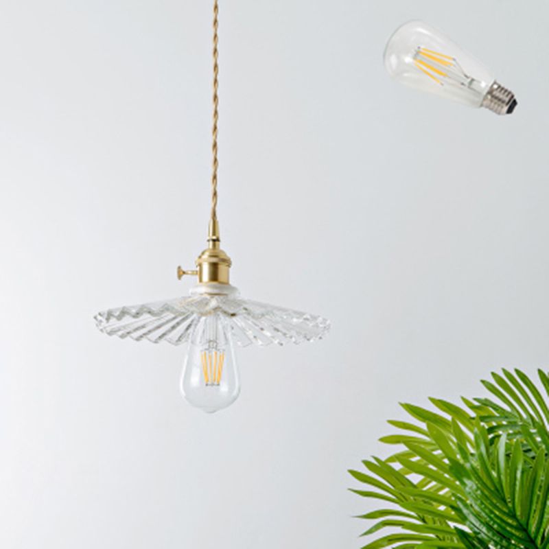 Shaded Textured Glass Pendant Light Antique 1-Light Restaurant Hanging Light Fixture in Brass