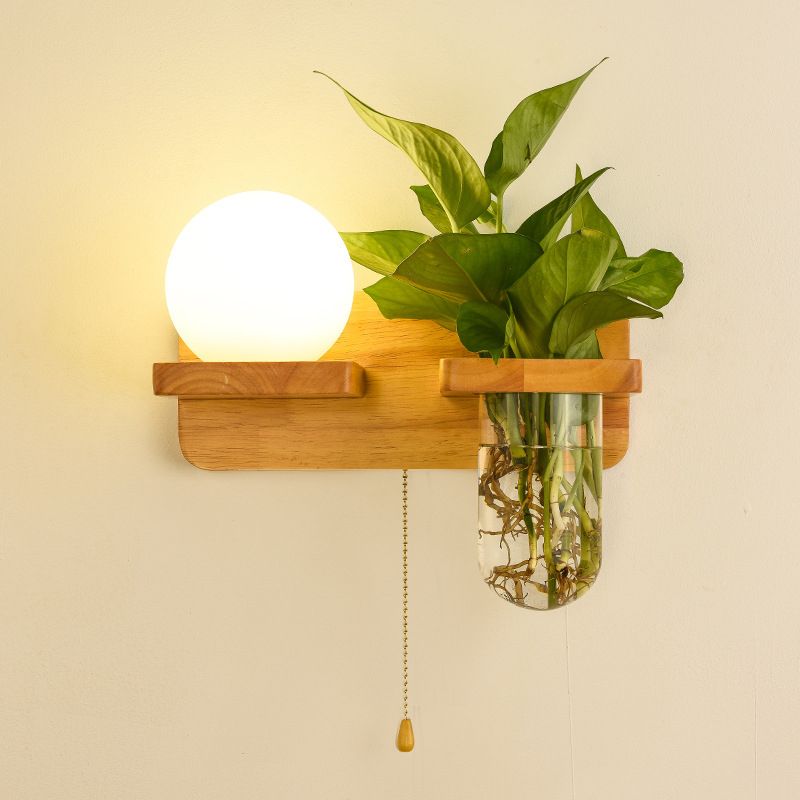 Modern Style Ball Shade Wall Light Wood 1 Light Sconces for Bedroom without Plant