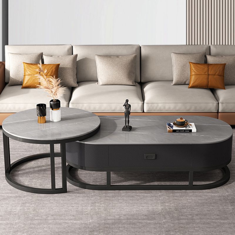 Slate Coffee Table Oval Nesting Coffee Table Set with Metal Legs