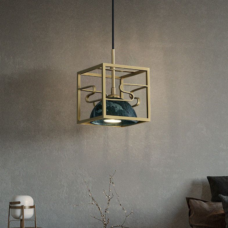 Blackish Green Shade Pendant Light Retro Nordic 1-Light Marble Hanging Light with Gold Cage