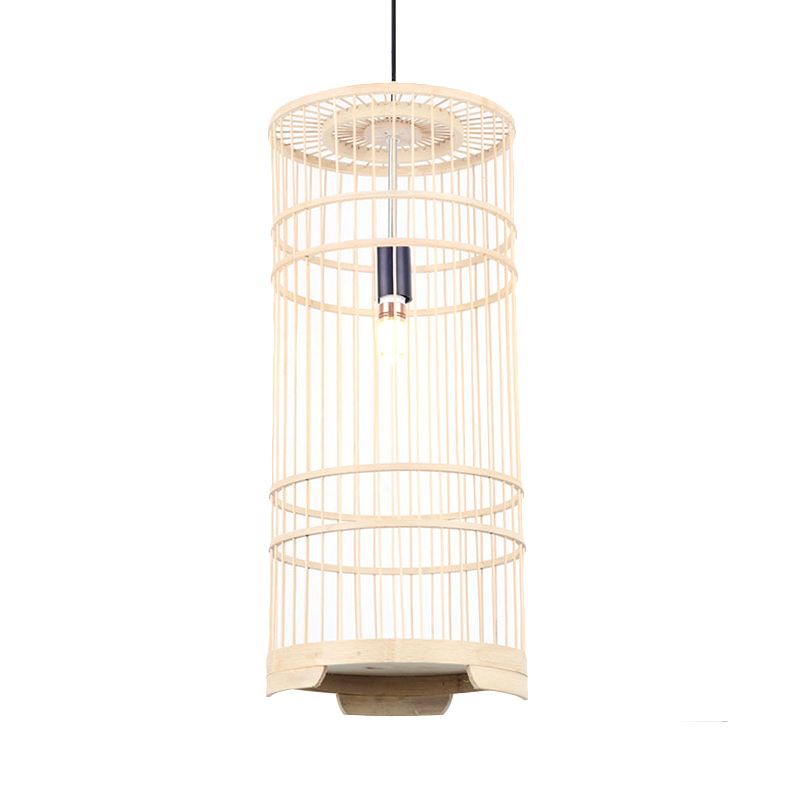 Cylindrical Shade Hanging Light Asian Style Bamboo 1-Bulb Beige Pendant Lamp for Dining Room