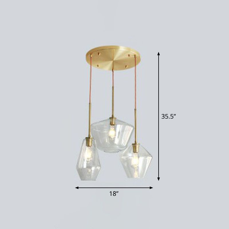 Gemstone Glass Hanging Light Fixture Postmodern 3-Head Brass Finish Cluster Pendant Light