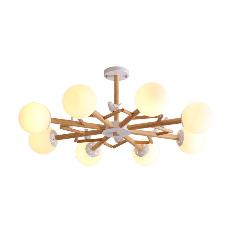 Ball Chandelier Lighting Nordic Cream Glass Living Room Hanging Light in Wood with Bird Decor