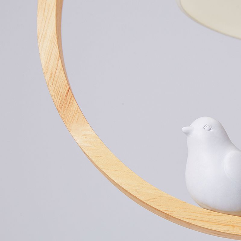 1 Light Pendant Light Contemporary Round Natural Wood Bedroom Hanging Lamp with Little Bird