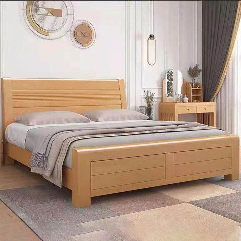 Scandinavian Natural Wooden Sleigh Bed with Rectangular Headboard