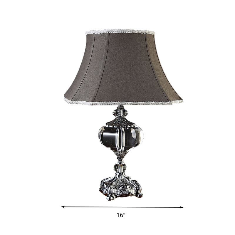 Fabric Grey Night Light Flared Single Head Traditionalism Nightstand Lamp with Crystal Base