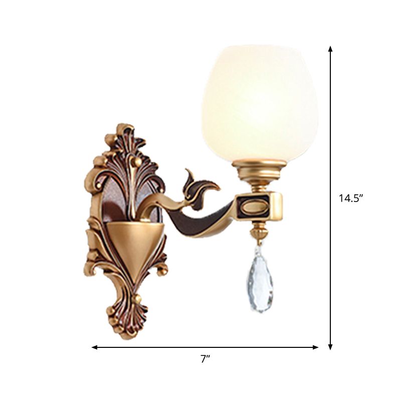 1/2-Bulb Cup-Like Wall Light Vintage Brass Milky Glass Wall Lighting Idea with Clear Crystal Decor