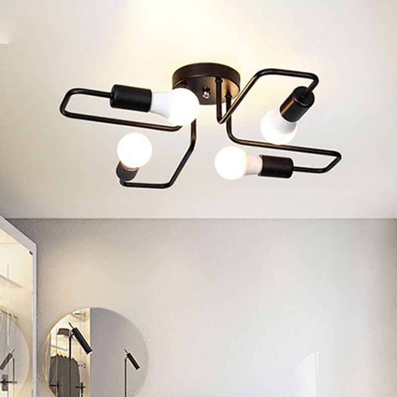 Loft Industrial Exposed Semi Flush Light Fixture 4/6-Head Metallic Ceiling Light Fixture in Black/White for Living Room