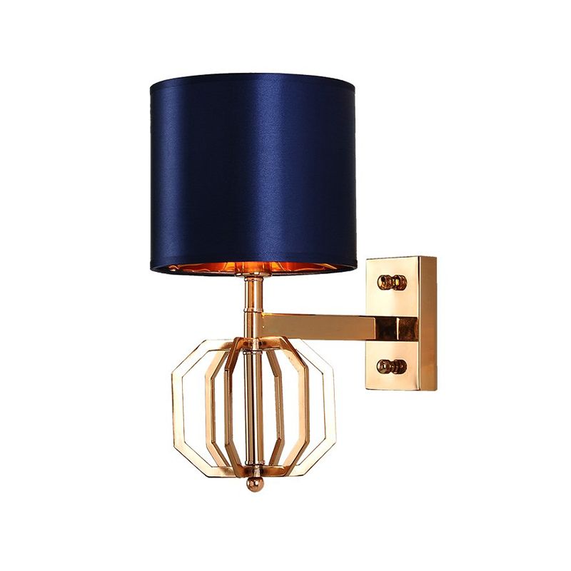 Metal Cylinder Wall Sconce Vintage 1-Bulb Bedroom Wall Light Fixture with Fabric Shade in Blue