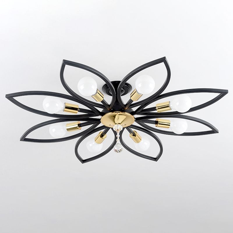Floriated Semi Flush Mount in Industrial Retro Style Bare Bulb Metal Ceiling Light in Black