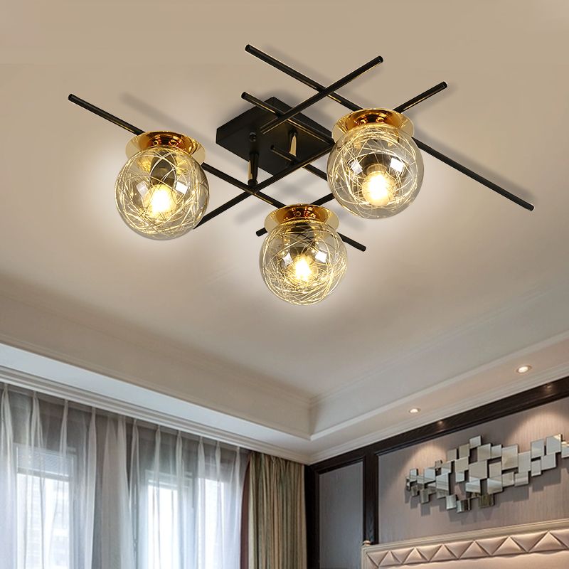 Minimal 3 Heads Semi Flush Light with Clear/Smoke Gray Glass Shade Black Ball Close to Ceiling Lamp for Bedchamber