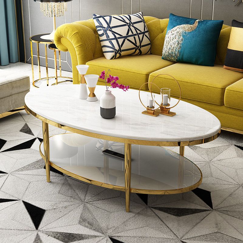 16.5" H Modern 4 Leg Steel Base Marble Oval Top Coffee Table