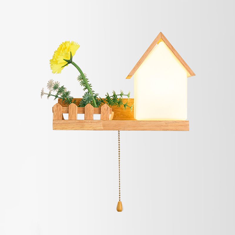Modern Style House Shade Wall Light Wood 1 Light Sconces for Bedroom without Plant