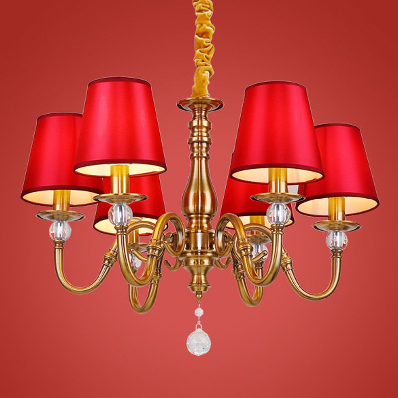 Fabric Red and Brass Chandelier Conical Country Style Pendant Light for Living Room