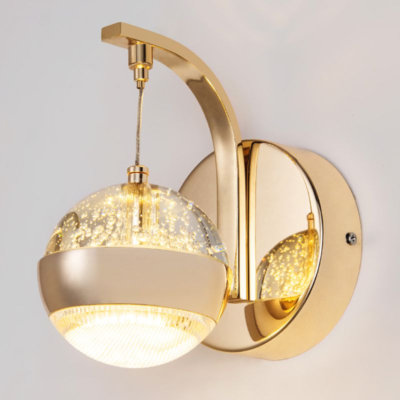 Bedroom Sconce Light Fixture Modern Style Gold LED Wall Lighting Fixture with Round Crystal Shade
