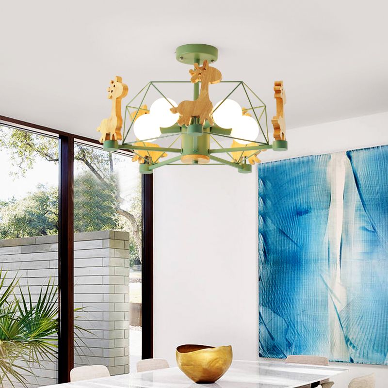 Macaron Cage Ceiling Pendant Light Metal 4-Head Bedroom Chandelier with Wooden Giraffe Deco