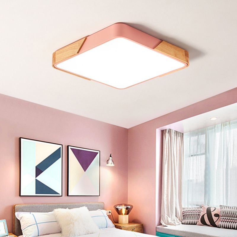 Plafonnier carré de chambre à coucher, éclairage encastré vert nordique avec abat-jour en bois et acrylique pour enfants