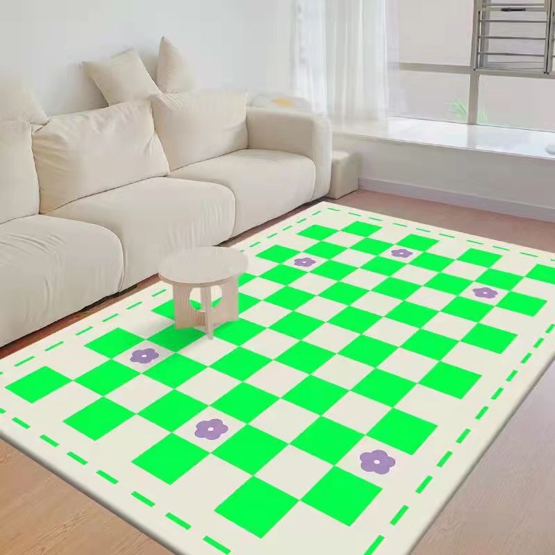 Black Modern Rug Polyester Check Pattern Rug Washable Rug for Living Room