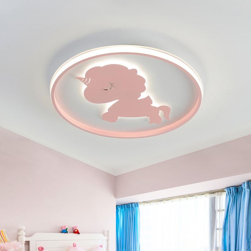 Ring-Flush-Lampe mit blau/rosa Pferd/Elefant-Design, Metall-LED-Cartoon-Deckenleuchte für Kinder